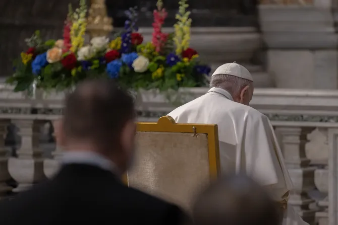Pope Francis prays the rosary before an icon of Our Lady of Help in St. Peter's Basilica May 1, 2021.